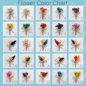 May include: A color chart of 25 small bouquets of dried flowers, each tied with twine and arranged in a grid pattern. The bouquets are in various colors, including white, yellow, orange, red, pink, purple, blue, and green.