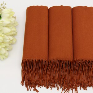 May include: Three rust-colored scarves with fringe on the ends.
