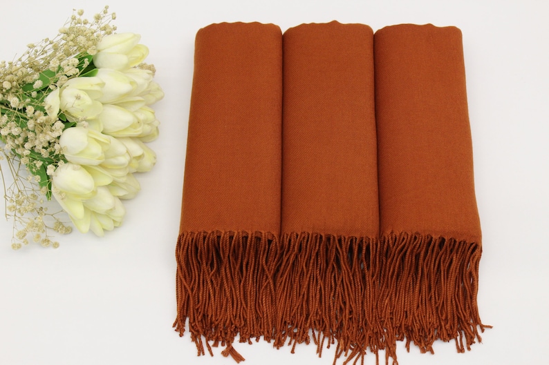 May include: Three rust-colored scarves with fringe on the ends.