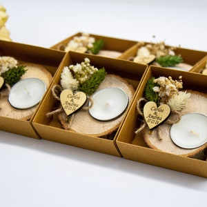 Personalized Tealight Wedding Favors: Rustic Wood Slice, Dried Flowers (60 pcs)