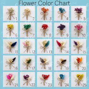 May include: A color chart of 25 small bouquets of dried flowers, each tied with twine and arranged in a grid pattern. The bouquets are in various colors, including white, yellow, orange, red, pink, purple, blue, and green.