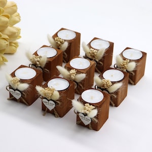 Personalized Rustic Wedding Candle Favors: Dried Flower Tealight Holders