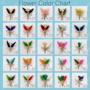 May include: A color chart of 50 small flower bouquets, each tied with twine and featuring different colored feathers. The bouquets are arranged in rows of five, with each row numbered from 26 to 50.