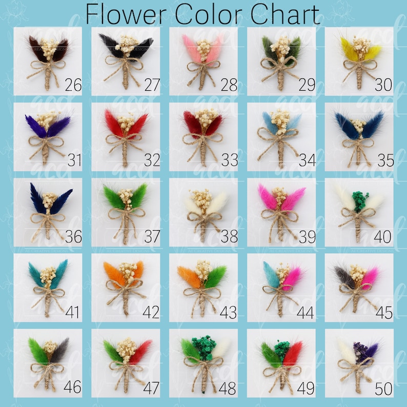 May include: A color chart of 50 small flower bouquets, each tied with twine and featuring different colored feathers. The bouquets are arranged in rows of five, with each row numbered from 26 to 50.