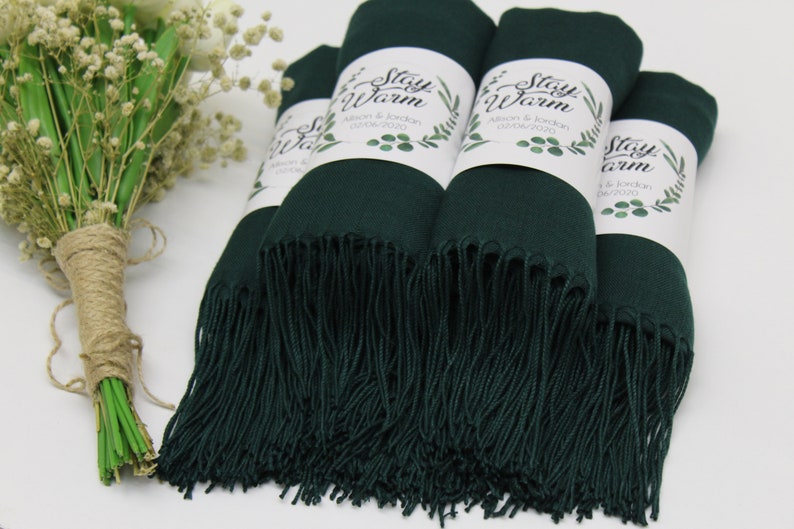 Forest Green Pashmina Shawl, Bridesmaid Shawl, Personalized Wedding Favors for Guests, Pashminas in Bulk, Bridal Shower Favor, Wedding Shawl image 3