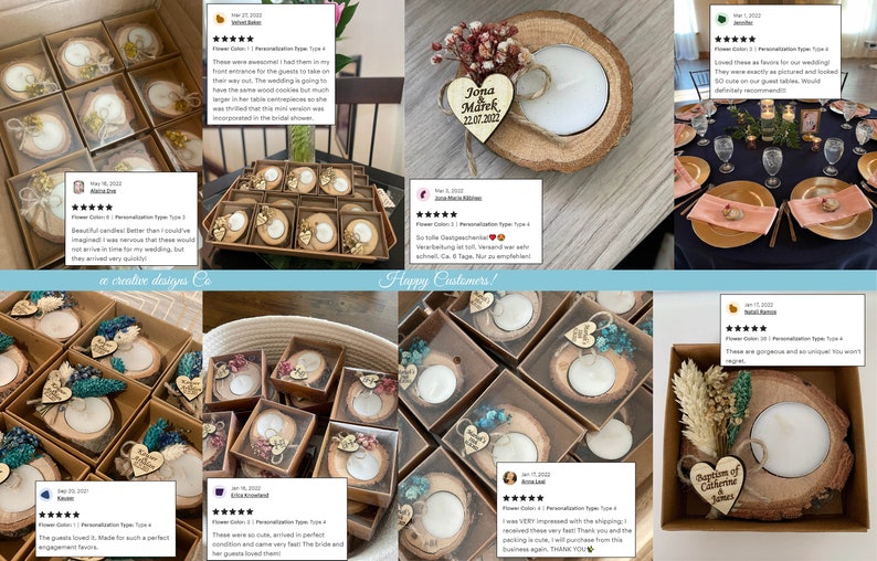May include: A set of small wooden candle holders with a heart-shaped tag and dried flowers. The tags are personalized with names and dates. The candle holders are arranged in a basket and on a table. The image includes customer reviews with five stars.