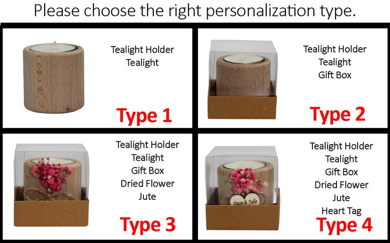 May include: Four different types of tealight holders with various personalization options. Type 1 is a simple wooden tealight holder. Type 2 is a wooden tealight holder in a clear gift box. Type 3 is a wooden tealight holder in a clear gift box with dried flowers and jute twine. Type 4 is a wooden tealight holder in a clear gift box with dried flowers, jute twine, and a heart tag.