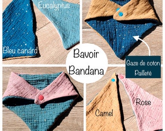 Bavoir BANDANA Bicolore ou Uni pour bébé - Gaze de coton pailleté