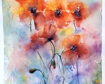 Original-Aquarell Mohnblumen – Fabriano-Papier und professionelles Aquarell