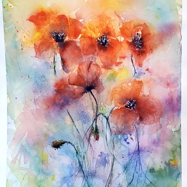 Aquarelle originale Coquelicots- Papier Fabriano et aquarelle professionnelle