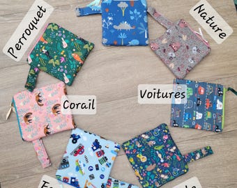Pochette goûter BRODÉE Mini ,S et M - Intérieur imperméable certifié contact alimentaire -Fait-Main- ISOTHERME en option