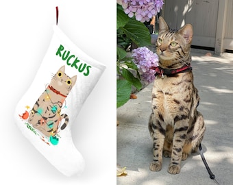 Custom-Made Cat Christmas Stocking - Playful Orange and White Cat, Black Cat, Tabby Cat, Bengal Cat, Tangled in Holiday Lights, Ornaments