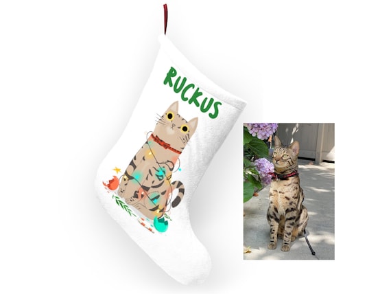 Custom-Made Cat Christmas Stocking - Playful Orange and White Cat, Black Cat, Tabby Cat, Bengal Cat, Tangled in Holiday Lights, Ornaments