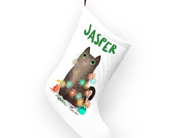 Personalized Cat Christmas Stocking - Playful Tabby Cat Wrapped in Holiday Lights