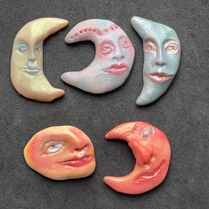 Moon and Half-Moon with Faces, Polymer Clay Cabochons