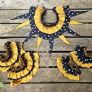Shambannie Creations CLOWNCORE RUFFLE SET. Mustard Satin / Black & White Polkadot 3 piece set. Clown Collar, Ankle and Wrist Ruffs.