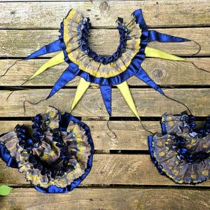 Shambannie Creations CLOWNCORE RUFFLE SET. Frilly Green & Blue Tie Dye /Navy Satin 3 piece set. Clown Collar, Ankle and Wrist Ruffs.