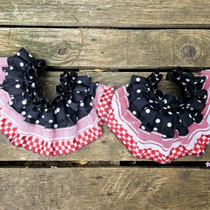 Shambannie Creations CLOWNCORE ANKLE RUFFLES. Black Polkadot / Red White Checkerboard Ankle Ruffs