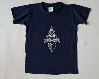 T shirt cut classic child, teen and adult size S. Heart Edith Lake. Dark navy blue