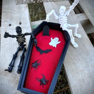 May include: A black coffin-shaped box with a red interior and a black frame. The box contains a white ghost, a black bat, and two black spiders. The box is sitting on a wooden surface.  "EXTRA ITEMS FOR YOUR GARDEN AFTER BUILDING YOUR SKELETON!"