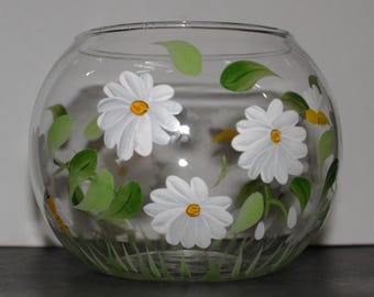Hand Painted Glass Vase with a Daisy and Bee Design