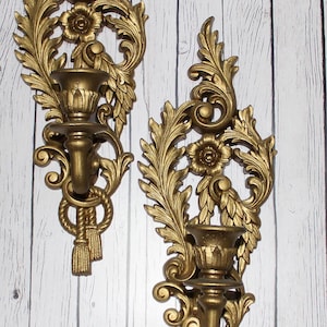 Home Interiors Burwood Wall Sconces – 1960s Syroco Style Antique Gold Floral Acanthus Scroll Sconces