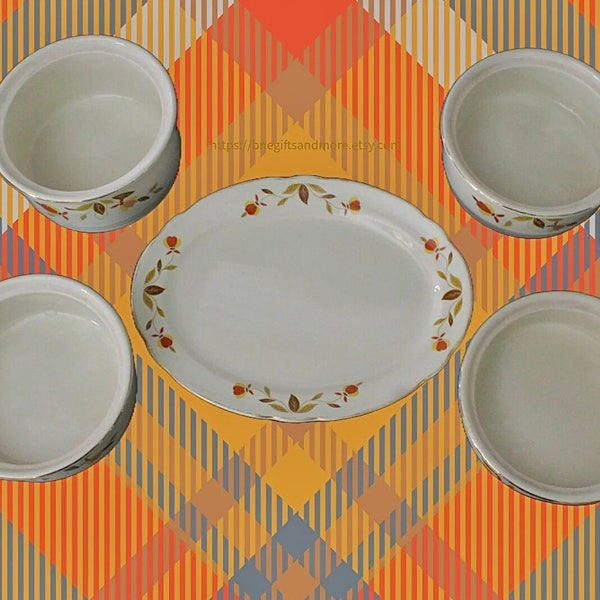 Vintage Hall's Superior Kitchenware by Mary Dunbar Jewel Homemakers Institute,Jewel Tea Casserole Dishes  and Platter, Autumn Leaf Pattern