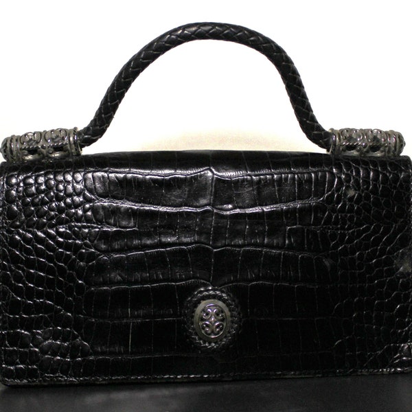 Vintage Brighton Black Croc Embossed Leather Clutch with Handle