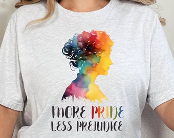Chemise Plus de fierté moins de préjugés, chemise LGBTQ Pride, chemise Gay Pride, inspiration Jane Austen, t-shirt bi allié, fierté trans arc-en-ciel, t-shirt égalité