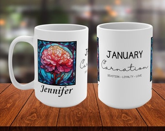 January Birth Flower Personalized Mug, Custom Name Stained Glass Art, Carnation Floral Design, Unique Birthday Gift, 11oz & 15oz Options