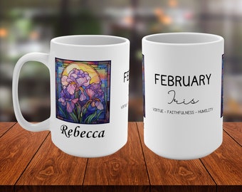 February Birth Flower Personalized Mug, Custom Name Stained Glass Art, Iris Floral Design, Unique Birthday Gift, 11oz & 15oz Options