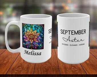 September Birth Flower Personalized Mug, Custom Name Stained Glass Art, Aster Floral Design, Unique Birthday Gift, 11oz & 15oz Options