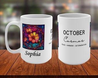 October Birth Flower Personalized Mug, Custom Name Stained Glass Art, Cosmos Floral Design, Unique Birthday Gift, 11oz & 15oz Options