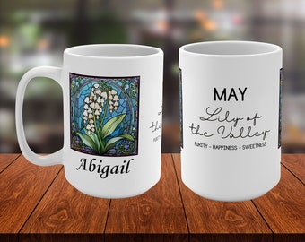 May Birth Flower Personalized Mug, Custom Name Stained Glass Art, Lily of the Valley Floral Design, Unique Birthday Gift, 11oz & 15oz Option