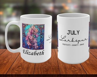 July Birth Flower Personalized Mug, Custom Name Stained Glass Art, Larkspur Floral Design, Unique Birthday Gift, 11oz & 15oz Options