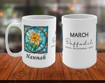 March Birth Flower Personalized Mug, Custom Name Stained Glass Art, Daffodil Floral Design, Unique Birthday Gift, 11oz & 15oz Options
