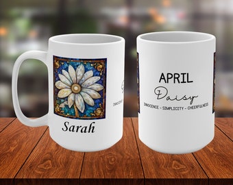 April Birth Flower Personalized Mug, Custom Name Stained Glass Art, Daisy Floral Design, Unique Birthday Gift, 11oz & 15oz Options