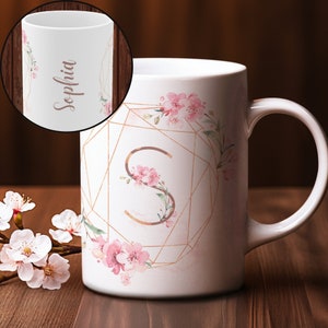 Personalized Cherry Blossom Mug, Custom Name Sakura Flower Cup, Initial Letter Floral Mug, Bridesmaid Proposal, Birthday Gift, 11oz & 15oz