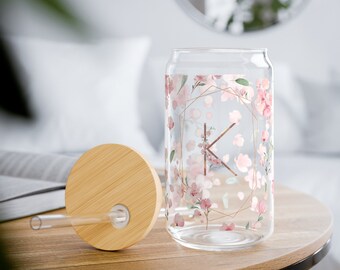 Personalized Cherry Blossom Initial Tumbler, Floral Glass with Lid & Straw, Custom Sakura Flower Coffee Cup, Iced Coffee Sipper Glass, 16oz
