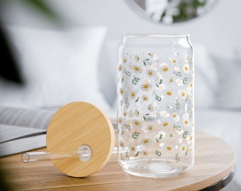 Daisy Glass Tumbler, Iced Coffee Glass, Retro Flower Iced Coffee Cup, Daisy Glass Cup, Iced Coffee Cup, Floral Print, Spring Tumblers, 16 oz