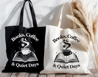Books and Coffee Tote Bag - Book Lover Gift, Coffee Lover Bag, Bookworm Gifts, Reading Tote, Literary Tote, Canvas Book Bag, Teacher Gift