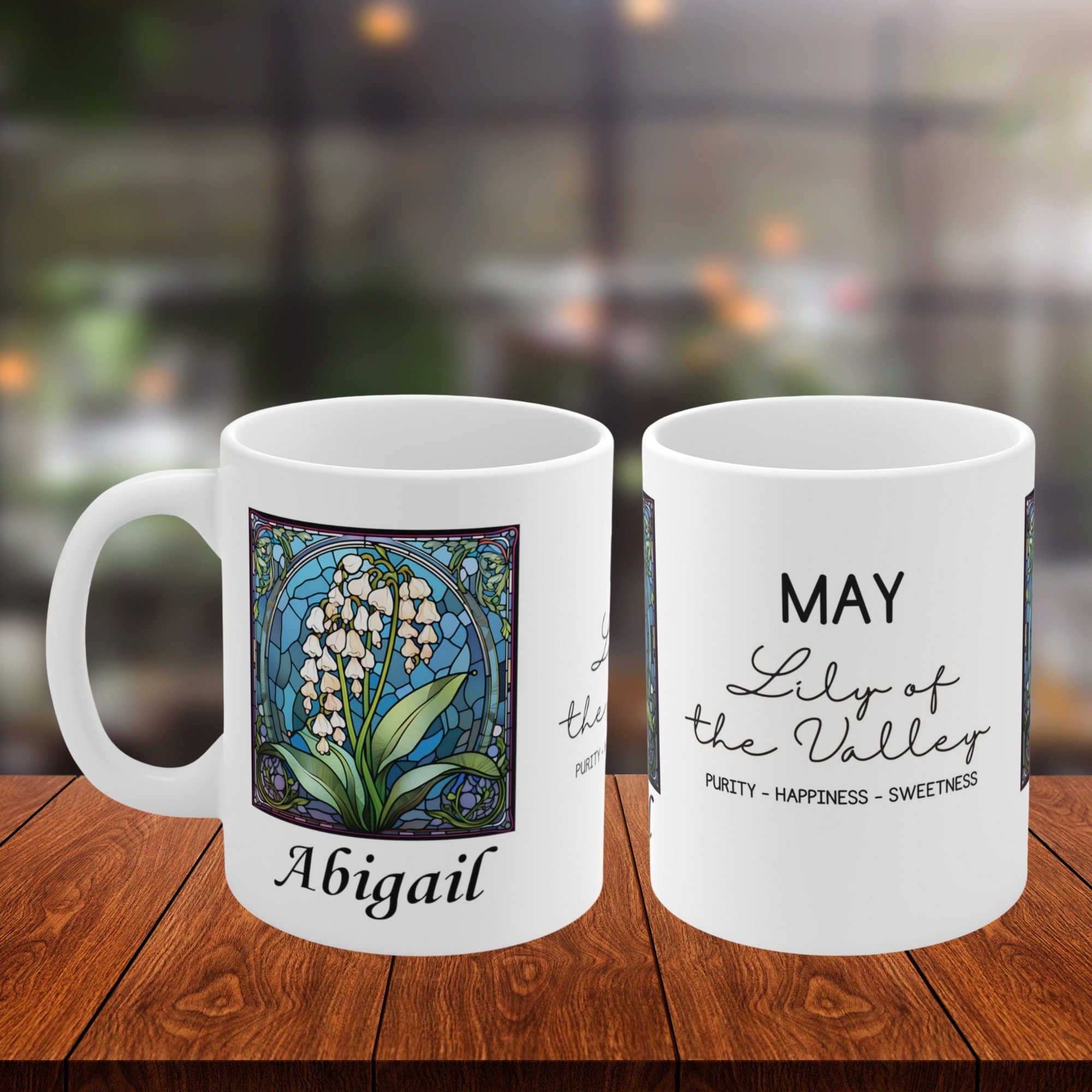 May Birth Flower Personalized Mug, Custom Name Stained Glass Art, Lily ...