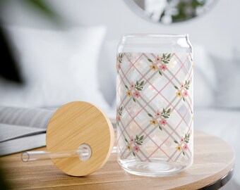 Floral Glass Tumbler with Lid & Straw, Chic Argyle Pattern, Elegant Flower Print, Cute Coffee Cup, Iced Coffee Sipper, Gift for Her, 16oz