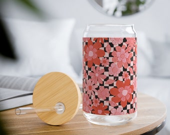 Retro Flower Glass Tumbler, Iced Coffee Glass, Checkered Iced Coffee Cup, Cute Glass Cup, Iced Coffee Cup, Floral Print, Spring Tumbler