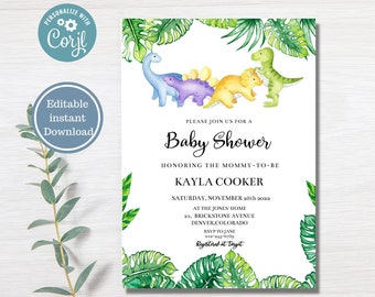 Dinosaur Baby Shower Invitation, Green and Gold Dinosaur Baby Shower Invitation, Dinosaur Baby Shower Invite Template, Editable Template