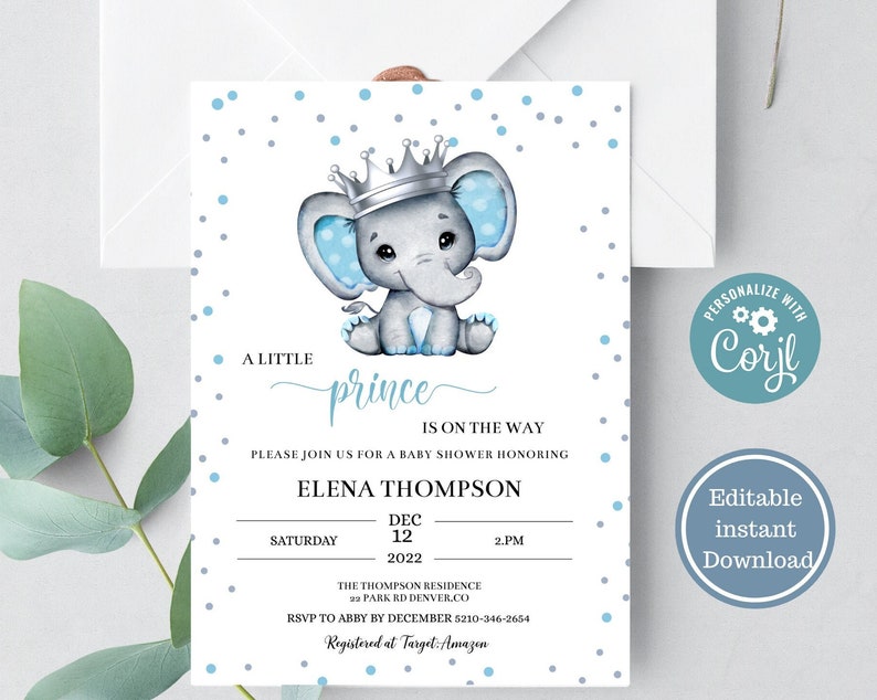 Royal Baby shower invitation Baby shower invitation boy elephant Prince Baby Shower Invitation Elephant Baby Shower