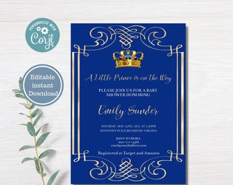 Royal Baby Shower Invitation, Royal Prince Baby Shower Invitation, Prince baby shower invitation,  Royal Blue and Gold, INSTANT DOWNLOAD