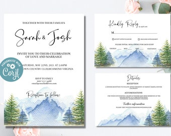 Mountains wedding invitation Suite, Mountain Wedding Invitation, Wedding invitation template bundle, Rustic invitation, Instant Download