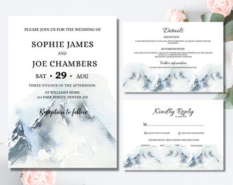 Mountain Wedding Invitation, Wedding invitation template bundle, mountains wedding invitation Suite, Outdoors RSVP Details, Instant Download