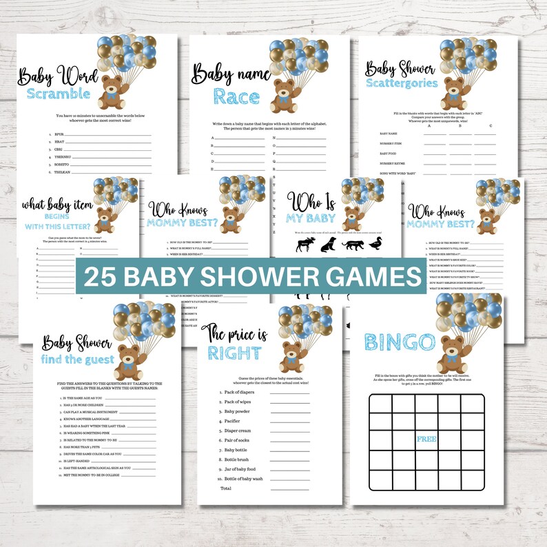 Teddy Bear Baby Shower Games, Boy Baby Shower Game Bundle,bear Baby